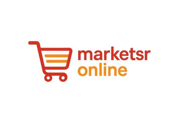 logo de tienda con carrito de compra en letras rojas y naranja que diga marketsrdonline